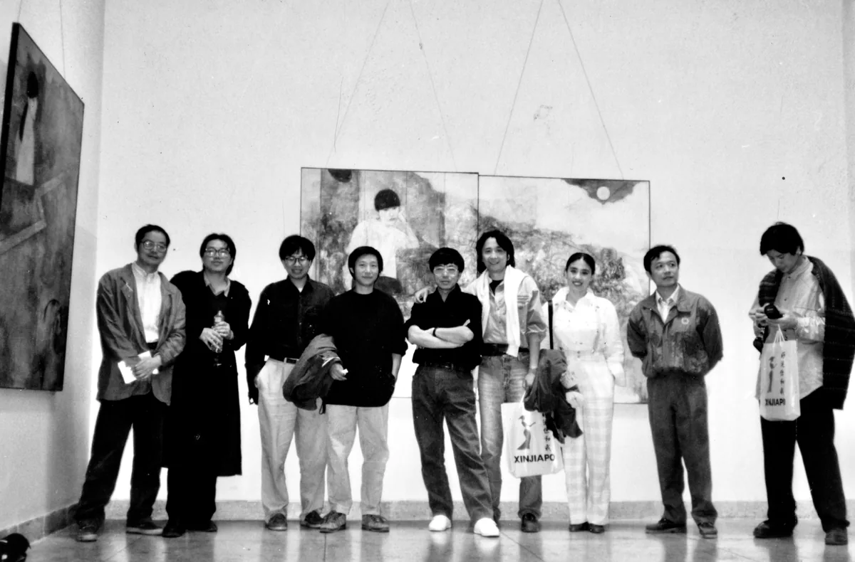 1995, at the National Art Museum of China. From left: Zhang Jiarui, Dongfang Tenghong, Yuan Zhengyang, Ouyang Jianghe, Ai Xuan, He Duoling, Zhai Yongming, Zhao Dalu, Zhou Chunya
